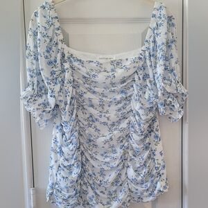 PerSeption Concept Blue Floral Ruched Blouse